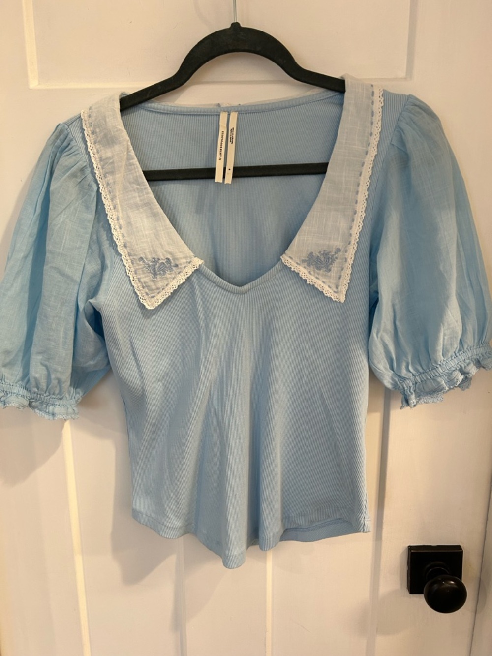 Anthropologie Blue Puff-Sleeve Top with Lace Collar